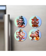 Shiva, Ganesha, and Parvati. Fridge Magnets 4 Piece Set | 3 Inch Round Wall Fridge Decor (F22773)