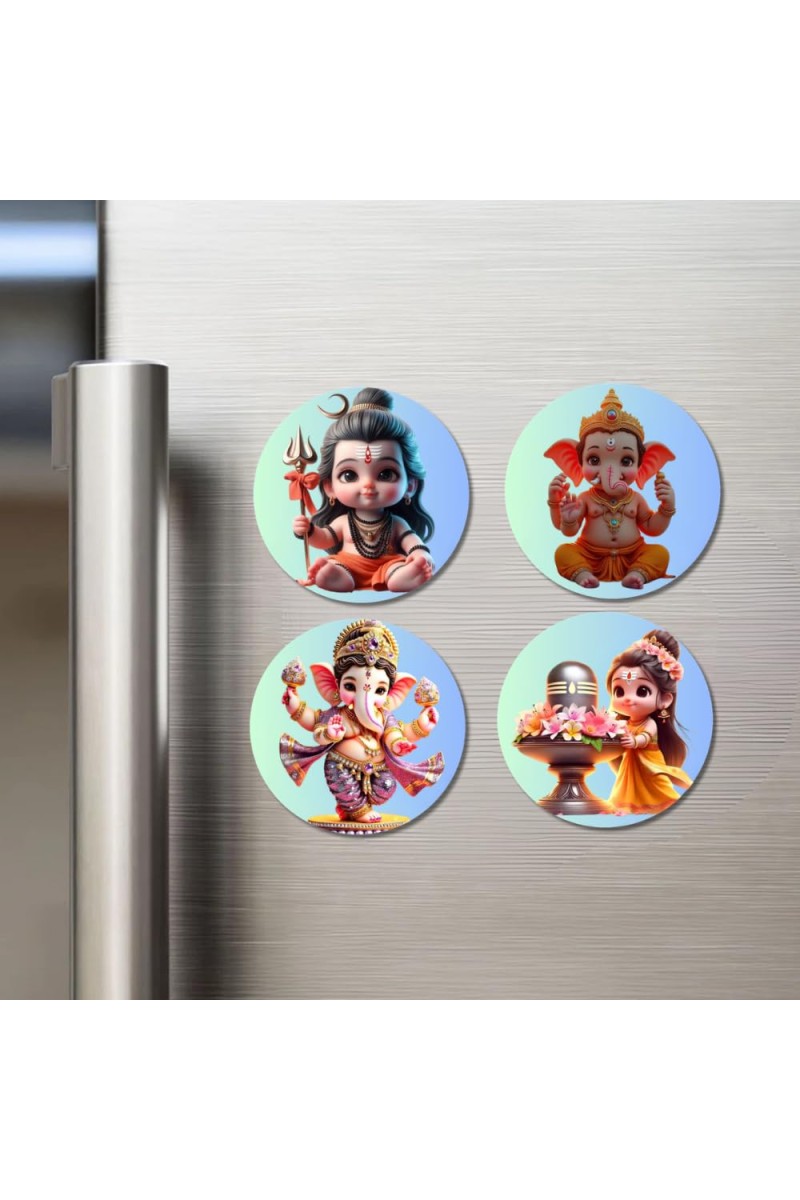Shiva, Ganesha, and Parvati. Fridge Magnets 4 Piece Set | 3 Inch Round Wall Fridge Decor (F22773)