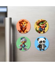 Lion, Crocodile, Duck, and Panda. Fridge Magnets 4 Piece Set | 3 Inch Round Wall Fridge Decor (F22987)