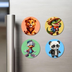 Lion, Crocodile, Duck, and Panda. Fridge Magnets 4 Piece Set | 3 Inch Round Wall Fridge Decor (F22987)