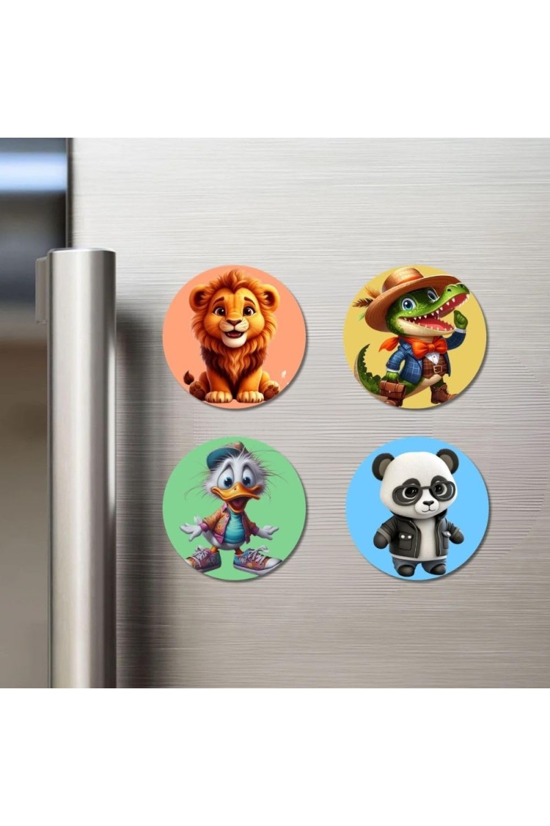 Lion, Crocodile, Duck, and Panda. Fridge Magnets 4 Piece Set | 3 Inch Round Wall Fridge Decor (F22987)