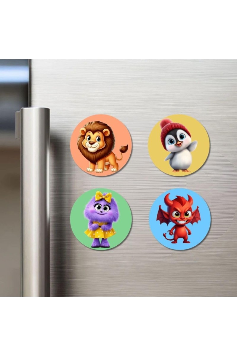 Lion, Penguin, Cat, and Monster. Fridge Magnets 4 Piece Set | 3 Inch Round Wall Fridge Decor (F22969)