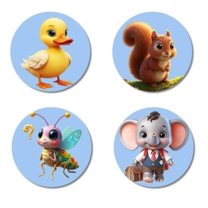 Duck, Squirrel, Bee, and Elephant. Fridge Magnets 4 Piece Set | 3 Inch Round Wall Fridge Decor (F23058) Duck, Squirrel, Bee, and Elephant. Fridge Magnets 4 Piece Set | 3 Inch Round Wall Fridge Decor (F23058)