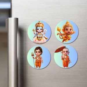 Vishnu, Hanuman, Kartikeya, Vamana Fridge Magnets 4 Piece Set | 3 Inch Round Wall Fridge Decor (F23219)