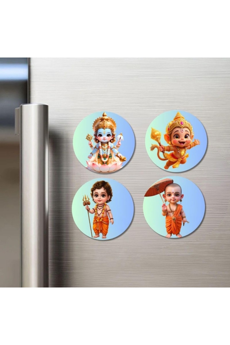 Vishnu, Hanuman, Kartikeya, Vamana Fridge Magnets 4 Piece Set | 3 Inch Round Wall Fridge Decor (F23219)