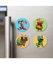 Donkey, Capybara, Caterpillar, and Chameleon. Fridge Magnets 4 Piece Set | 3 Inch Round Wall Fridge Decor (F22946)