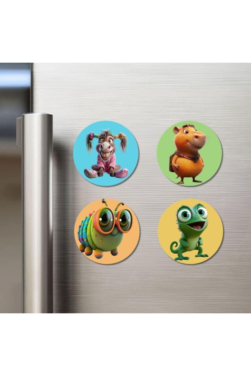 Donkey, Capybara, Caterpillar, and Chameleon. Fridge Magnets 4 Piece Set | 3 Inch Round Wall Fridge Decor (F22946)