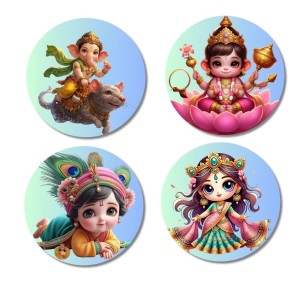 Ganesha, Lakshmi, Krishna, and Saraswati. Fridge Magnets 4 Piece Set | 3 Inch Round Wall Fridge Decor (F22807)