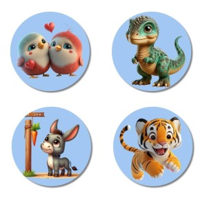 Birds, Dinosaur, Donkey, and Tiger. Fridge Magnets 4 Piece Set | 3 Inch Round Wall Fridge Decor (F23057)
