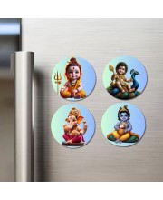 Krishna, Yashoda, Shiva, Kartikeya, and Ganesha. Fridge Magnets 4 Piece Set | 3 Inch Round Wall Fridge Decor (F22762)
