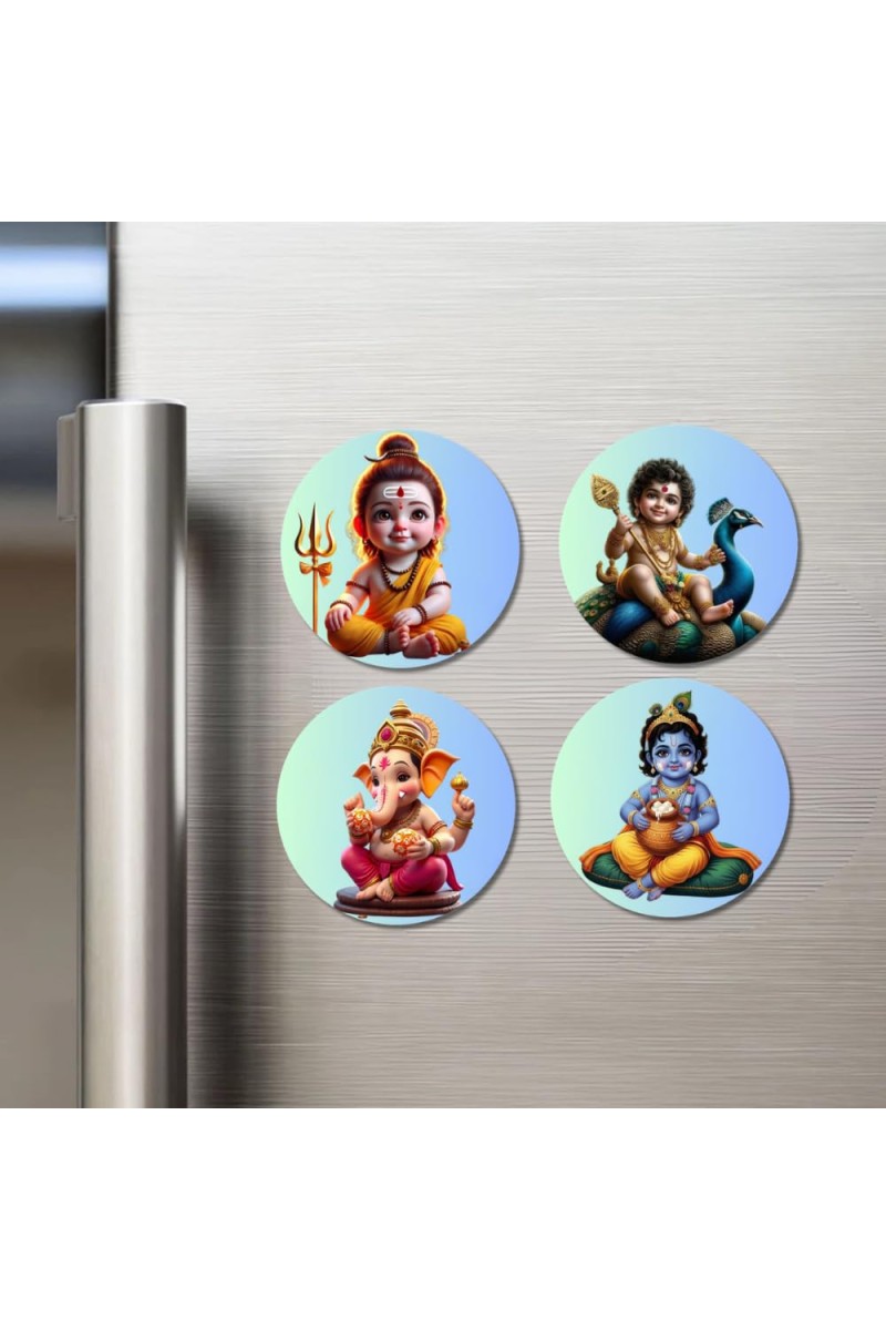 Krishna, Yashoda, Shiva, Kartikeya, and Ganesha. Fridge Magnets 4 Piece Set | 3 Inch Round Wall Fridge Decor (F22762)