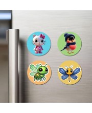Cat, Bird, Firefly, and Dragonfly. Fridge Magnets 4 Piece Set | 3 Inch Round Wall Fridge Decor (F22881)