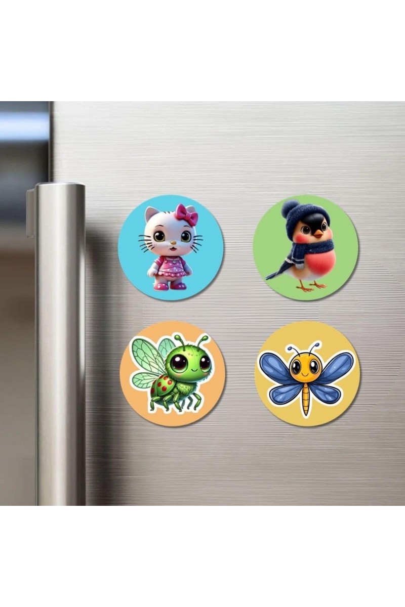 Cat, Bird, Firefly, and Dragonfly. Fridge Magnets 4 Piece Set | 3 Inch Round Wall Fridge Decor (F22881)