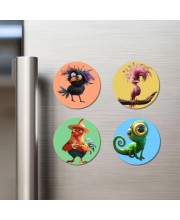 Bird, Flamingo, Rooster, and Chameleon. Fridge Magnets 4 Piece Set | 3 Inch Round Wall Fridge Decor (F23003)