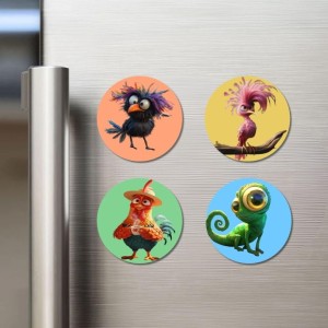 Bird, Flamingo, Rooster, and Chameleon. Fridge Magnets 4 Piece Set | 3 Inch Round Wall Fridge Decor (F23003)