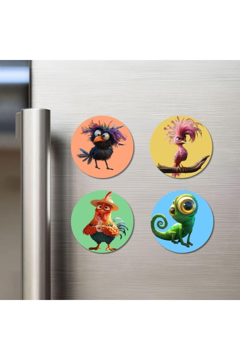 Bird, Flamingo, Rooster, and Chameleon. Fridge Magnets 4 Piece Set | 3 Inch Round Wall Fridge Decor (F23003)