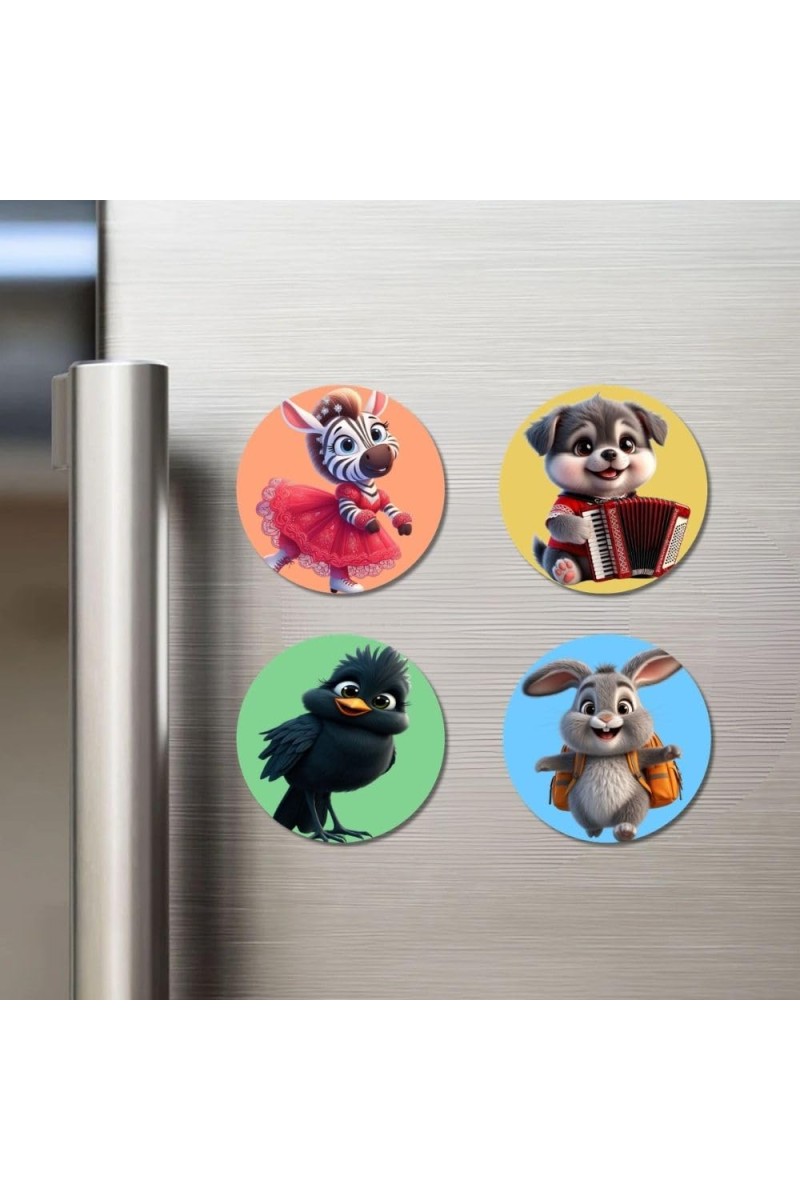 Zebra, Dog, Bird, and Rabbit. Fridge Magnets 4 Piece Set | 3 Inch Round Wall Fridge Decor (F23012)