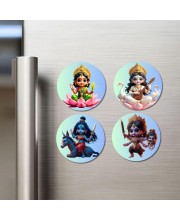Lakshmi, Saraswati, Kalaratri, and Kali. Fridge Magnets 4 Piece Set | 3 Inch Round Wall Fridge Decor (F23210)