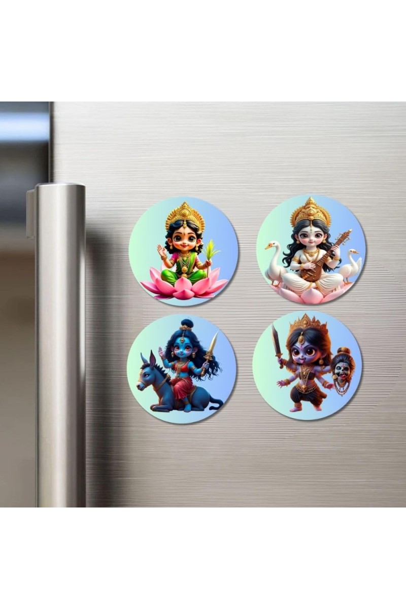 Lakshmi, Saraswati, Kalaratri, and Kali. Fridge Magnets 4 Piece Set | 3 Inch Round Wall Fridge Decor (F23210)