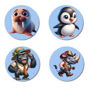 Walrus, Penguin, Gorilla, and Rhino. Fridge Magnets 4 Piece Set | 3 Inch Round Wall Fridge Decor (F23083)