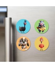 Ostrich, Hippo, Dog, and Chicken. Fridge Magnets 4 Piece Set | 3 Inch Round Wall Fridge Decor (F22901)