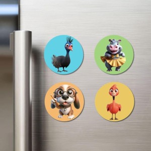 Ostrich, Hippo, Dog, and Chicken. Fridge Magnets 4 Piece Set | 3 Inch Round Wall Fridge Decor (F22901)