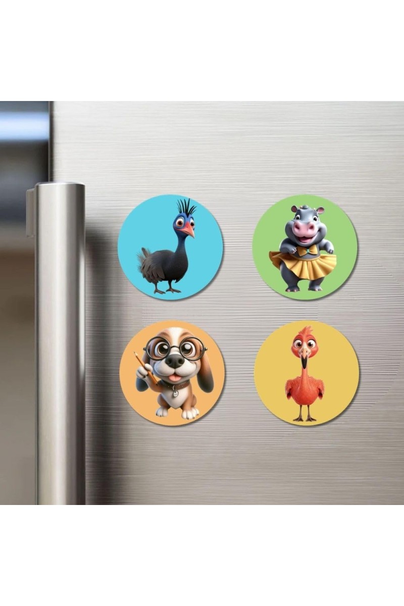 Ostrich, Hippo, Dog, and Chicken. Fridge Magnets 4 Piece Set | 3 Inch Round Wall Fridge Decor (F22901)