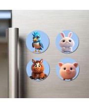 Blue Jay, Rabbit, Horse, Piglet Fridge Magnets 4 Piece Set | 3 Inch Round Wall Fridge Decor (F23157)
