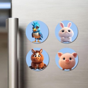 Blue Jay, Rabbit, Horse, Piglet Fridge Magnets 4 Piece Set | 3 Inch Round Wall Fridge Decor (F23157)