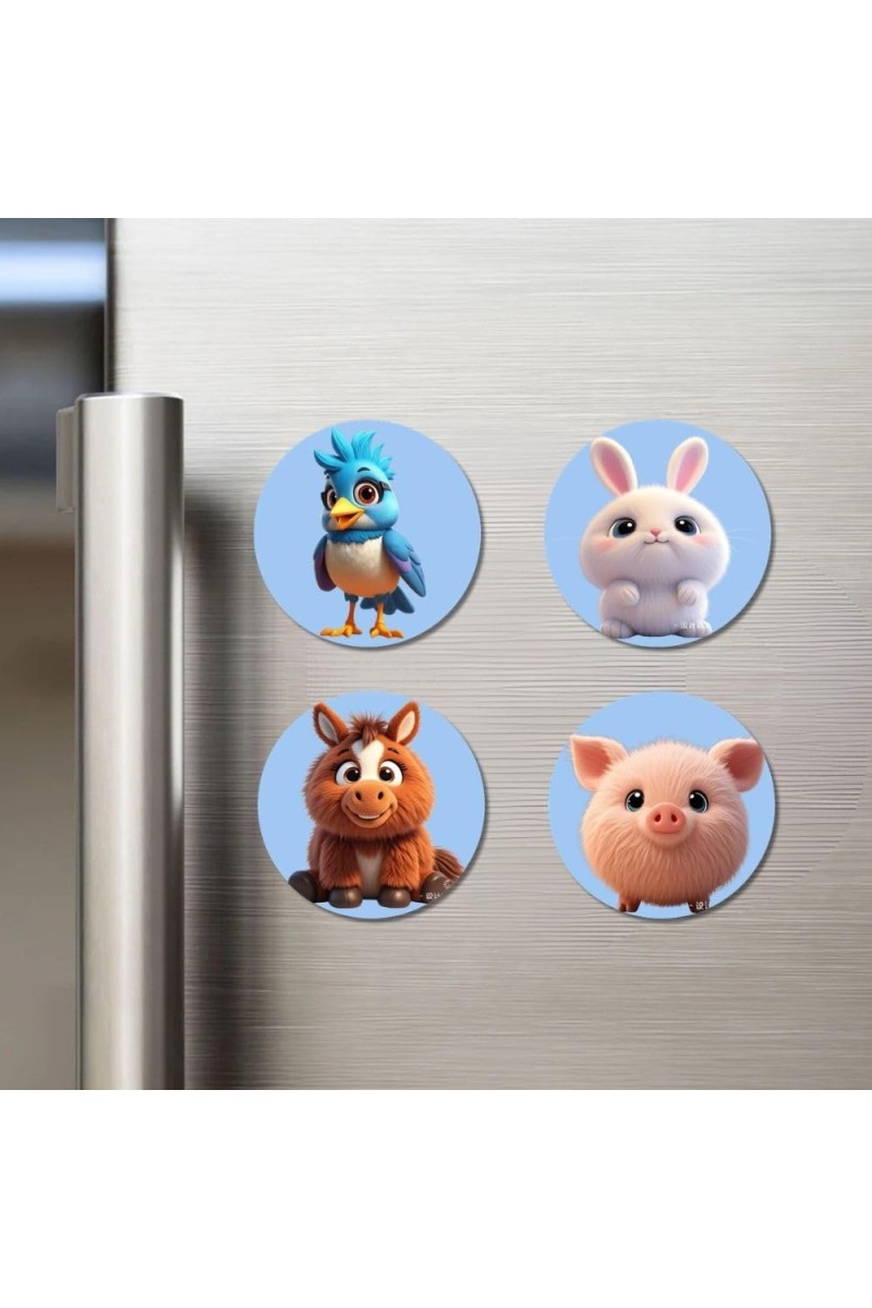 Blue Jay, Rabbit, Horse, Piglet Fridge Magnets 4 Piece Set | 3 Inch Round Wall Fridge Decor (F23157)
