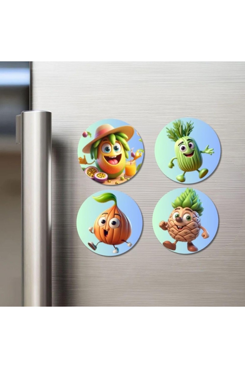 Passion Fruit, Fennel, Onion, Pineapple Fridge Magnets 4 Piece Set | 3 Inch Round Wall Fridge Decor (F23281)