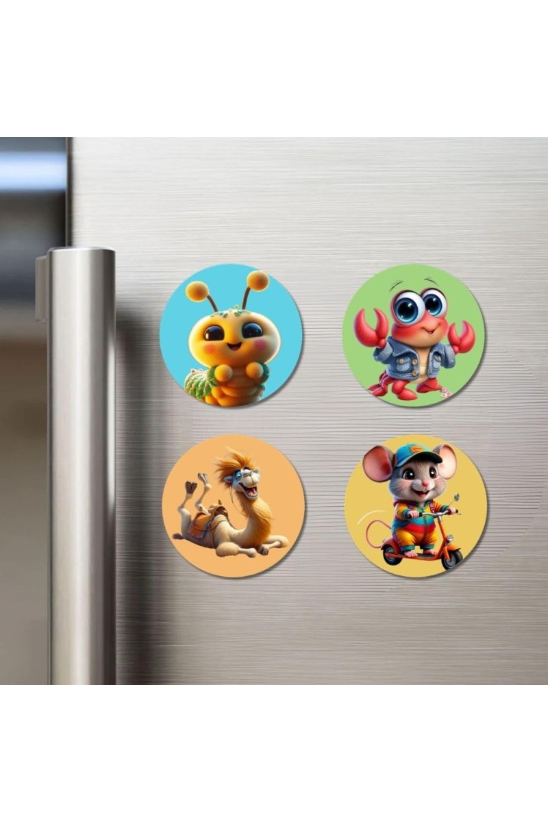 Caterpillar, Crab, Camel, and Mouse. Fridge Magnets 4 Piece Set | 3 Inch Round Wall Fridge Decor (F22860)