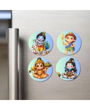 Hanuman, Ganesha, Shiva, and Krishna Fridge Magnets 4 Piece Set | 3 Inch Round Wall Fridge Decor (F22830)