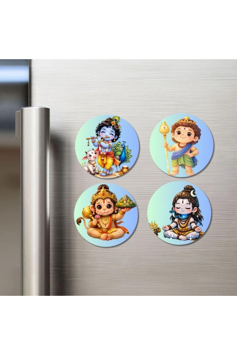 Hanuman, Ganesha, Shiva, and Krishna Fridge Magnets 4 Piece Set | 3 Inch Round Wall Fridge Decor (F22830)