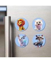 Lion, Kitten, Reindeer, Raccoon Fridge Magnets 4 Piece Set | 3 Inch Round Wall Fridge Decor (F23167)