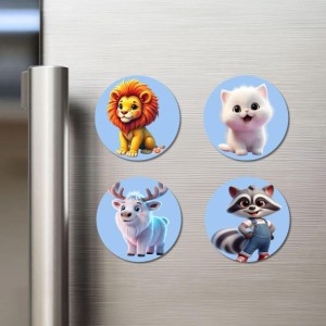 Lion, Kitten, Reindeer, Raccoon Fridge Magnets 4 Piece Set | 3 Inch Round Wall Fridge Decor (F23167)