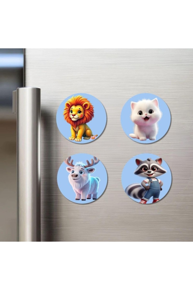Lion, Kitten, Reindeer, Raccoon Fridge Magnets 4 Piece Set | 3 Inch Round Wall Fridge Decor (F23167)