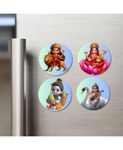 Durga, Lakshmi, Krishna, and Saraswati. Fridge Magnets 4 Piece Set | 3 Inch Round Wall Fridge Decor (F23195)