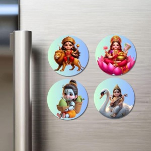 Durga, Lakshmi, Krishna, and Saraswati. Fridge Magnets 4 Piece Set | 3 Inch Round Wall Fridge Decor (F23195)