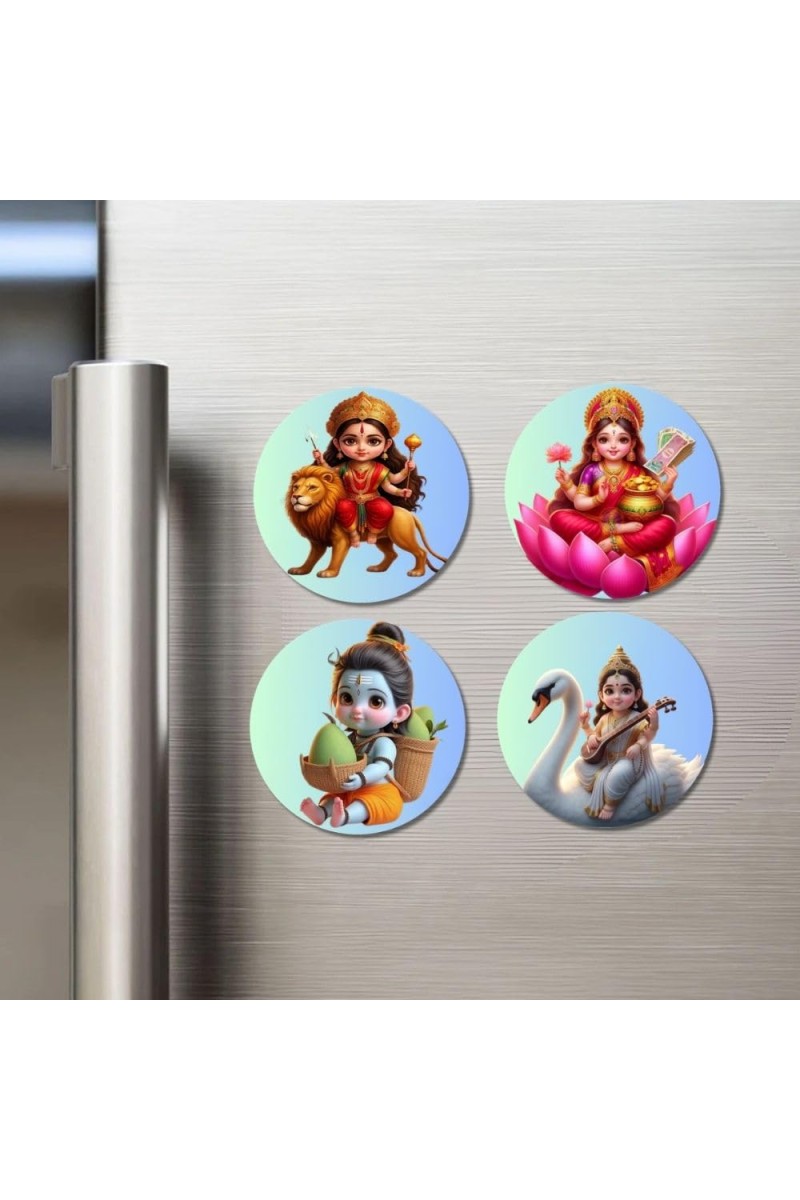 Durga, Lakshmi, Krishna, and Saraswati. Fridge Magnets 4 Piece Set | 3 Inch Round Wall Fridge Decor (F23195)