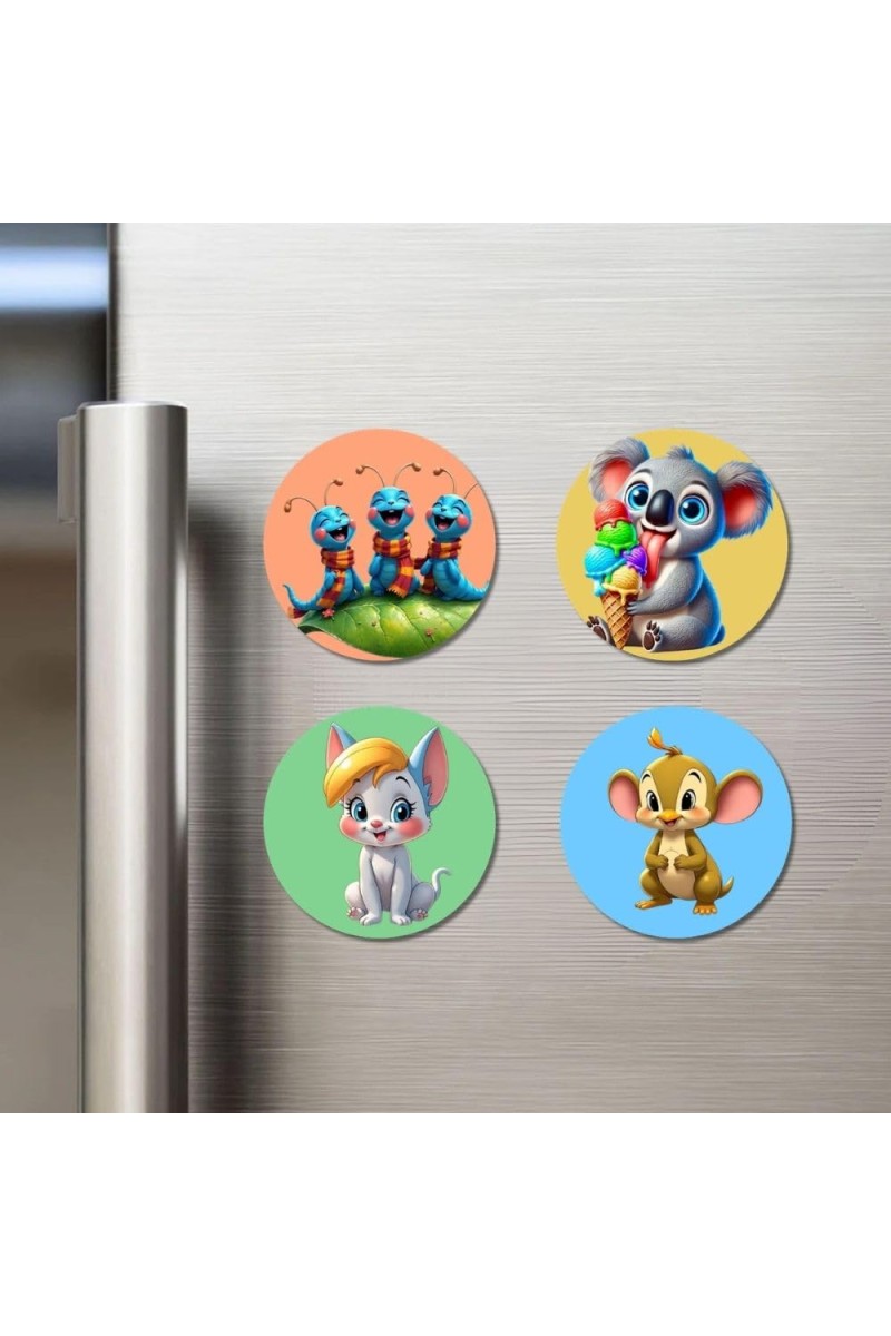 Dragonfly, Mouse, Penguin, and Panda. Fridge Magnets 4 Piece Set | 3 Inch Round Wall Fridge Decor (F22956)