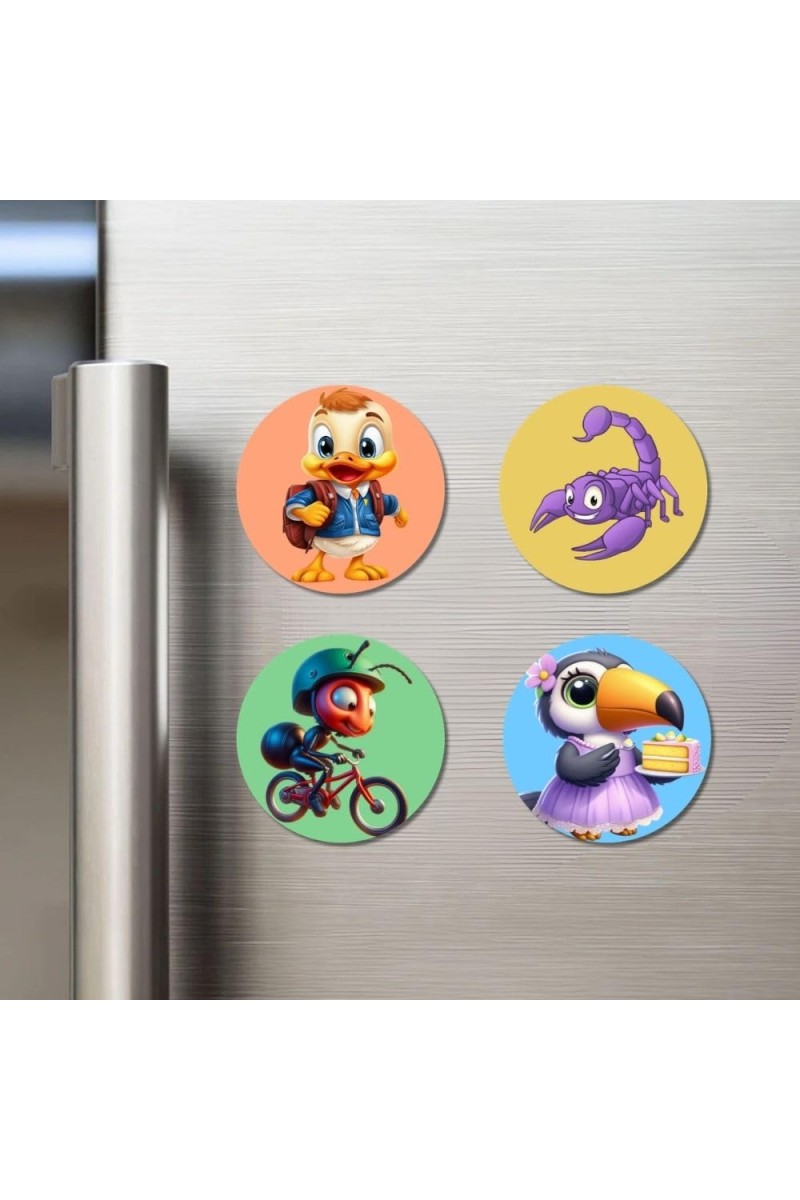 Duck, Scorpion, Ant, and Toucan. Fridge Magnets 4 Piece Set | 3 Inch Round Wall Fridge Decor (F23041)