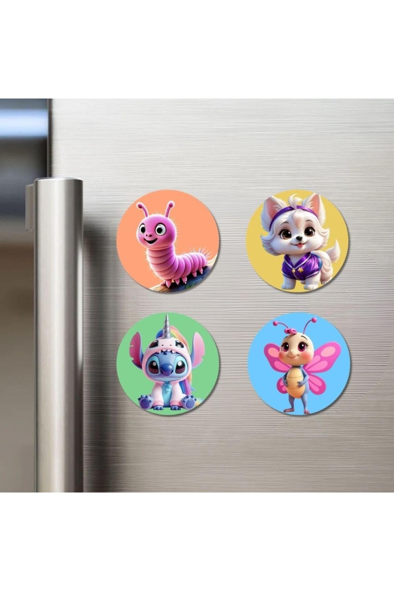 Caterpillar, Dog, Alien, and Butterfly. Fridge Magnets 4 Piece Set | 3 Inch Round Wall Fridge Decor (F22965)
