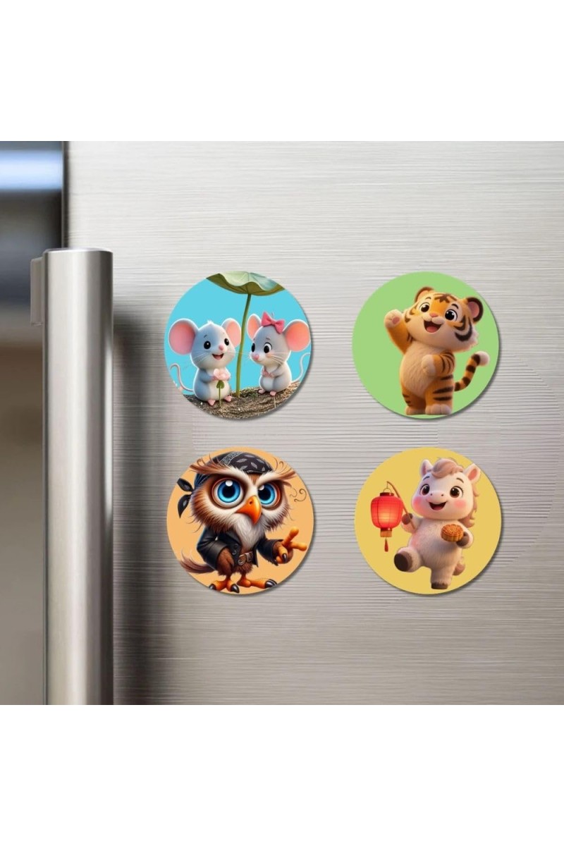 Cat, Cow, Turkey, and Goat. Fridge Magnets 4 Piece Set | 3 Inch Round Wall Fridge Decor (F22865)