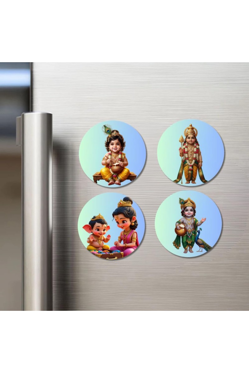 Krishna, Rama, Ganesha, and Parvati. Fridge Magnets 4 Piece Set | 3 Inch Round Wall Fridge Decor (F22809)