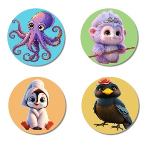 Octopus, Monkey, Penguin, and Bird. Fridge Magnets 4 Piece Set | 3 Inch Round Wall Fridge Decor (F22874)