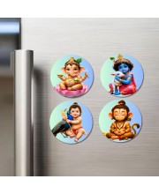 Ganesha, Krishna, Kartikeya, and Hanuman. Fridge Magnets 4 Piece Set | 3 Inch Round Wall Fridge Decor (F22760)