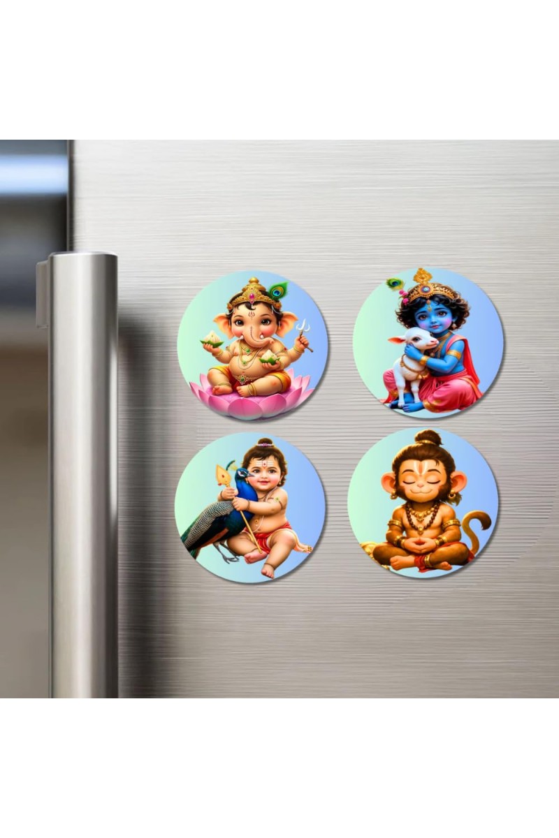 Ganesha, Krishna, Kartikeya, and Hanuman. Fridge Magnets 4 Piece Set | 3 Inch Round Wall Fridge Decor (F22760)