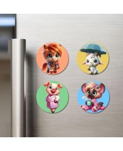 Horse, Goat, Pig, and Hyena. Fridge Magnets 4 Piece Set | 3 Inch Round Wall Fridge Decor (F23023)