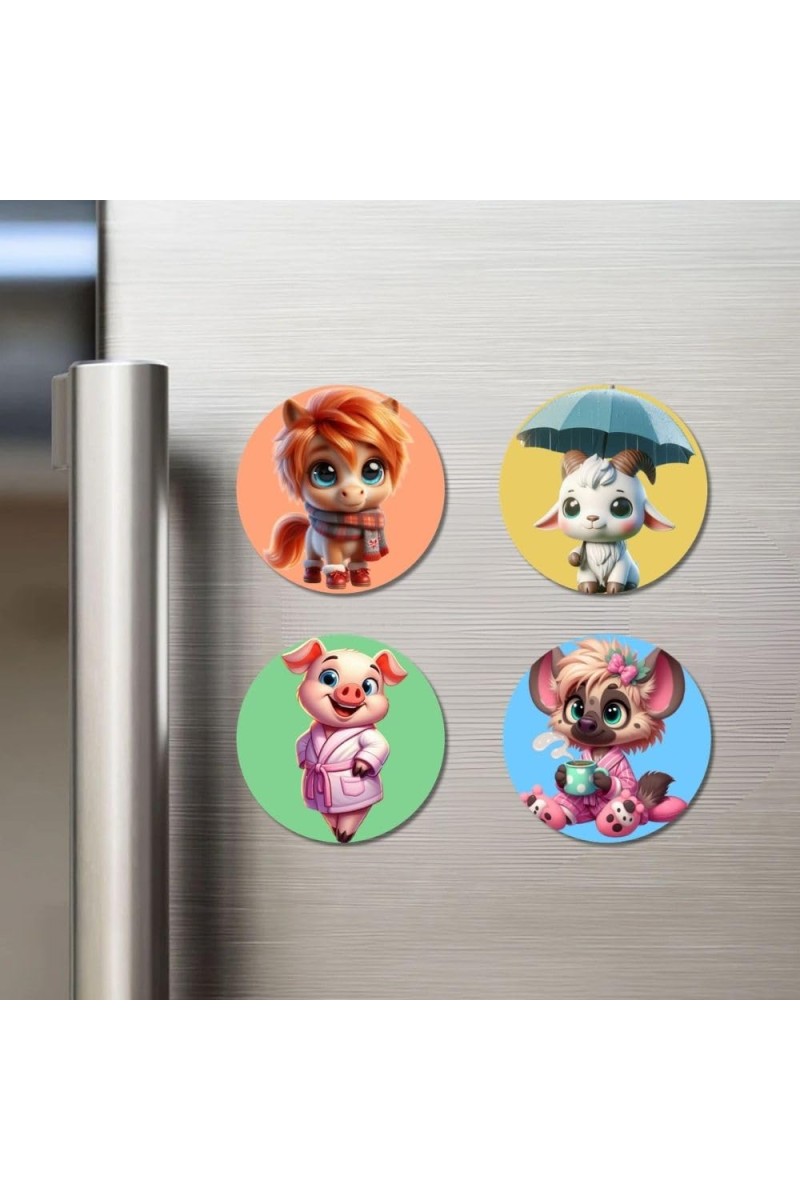 Horse, Goat, Pig, and Hyena. Fridge Magnets 4 Piece Set | 3 Inch Round Wall Fridge Decor (F23023)